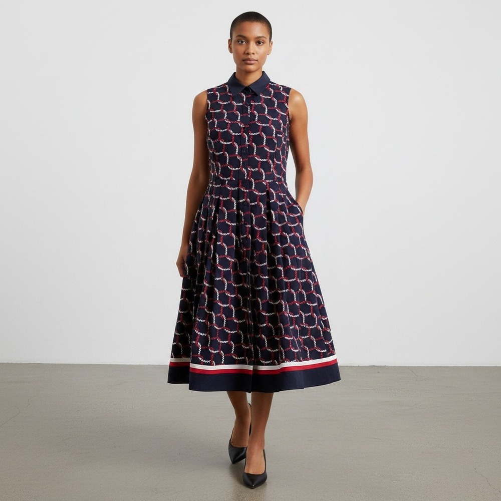 Tommy Hilfiger Rope Print Sleeveless Button Front Collared Women's Dress XXS